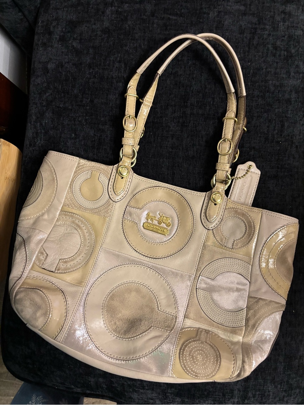 Coach Beige Patchwork Circle-Panel Leather Tote with Gold Hardware
